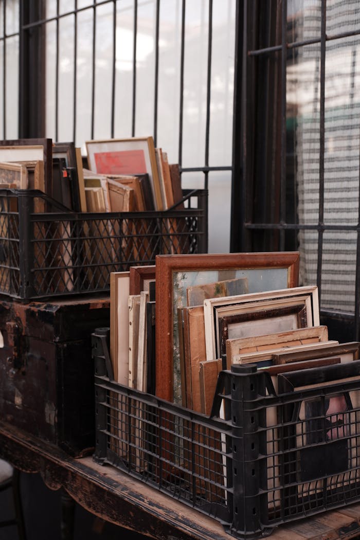 services-img A collection of framed artworks in metallic baskets, showcasing a rustic, vintage theme indoors.