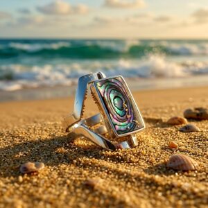 Anillo de plata 950 con Abalone natural y Sodalite