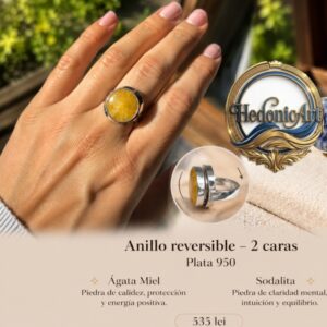 Anillo de plata 950 con ágata Miel y sodalita reversible